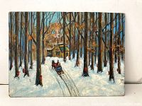 Original double-sided painting on wood board, winter scene side visible featuring snowy forest, horse-drawn sleigh and cabin