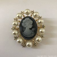 Front close-up of the grey cameo brooch showing the silhouette of a woman in profile, surrounded by pearls and rhinestones on a gold-tone setting.