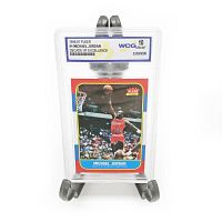 Full frontal view of the graded Michael Jordan rookie card in hard plastic graded case showing card and grading label.