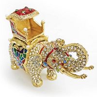 Front and side view of the gold-tone elephant trinket box showing clear crystals and colorful enamel decorations.