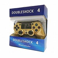 Front view of gold DoubleShock 4 wired controller inside blue and white packaging showing controller details and branding.