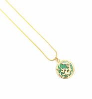 Full view of the circular green jade pendant with gold dragon carving, displayed on the gold chain.