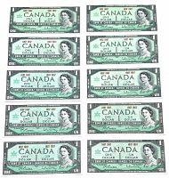Front side of all 10 Canadian $1 Centennial bills arranged in pairs in two columns