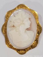Clear overhead shot of the shell cameo brooch showing the carved woman's profile and detailed yellow gold frame.