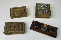 Overview of the three decorative boxes and the vintage inkwell set on a white background.