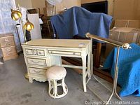 Full view of dressing table with stool, blanket stand, and floor lamp showing lot contents