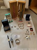 Complete view of all jewelry and watches laid out on a floor, including necklaces in wooden boxes, earrings, pins, and watches