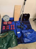 Overview of all items on blue checkered picnic blanket showing picnic blankets, dumbbells, weights, poles, balance board, T-bar, airbeds in blue, and green Coleman blanket.
