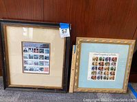 Two framed collector's stamp sets side by side showing title headers and overall presentation