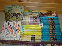 Overview of vintage classic book lot showing various titles including Hardy Boys, Nancy Drew, Trixie Belden, Black Beauty, Alice in Wonderland, and others arranged on a wooden table.