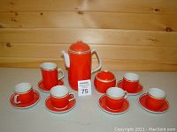 Full tea set arranged on table showing pot, creamer, sugar bowl, cups and saucers