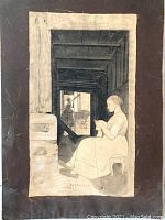Close frontal photo of the original drawing, showing the seated woman knitting and man in background with interior architectural elements.
