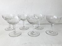 Six vintage crystal stemmed glasses arranged in two rows showing their shape and etched designs.