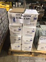 Stack of 31 boxes labeled Metropolitan Ceramic Tile Boulevard 8x8, some boxes marked with counts and item notes.