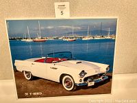 Color photo showing 1955 Thunderbird convertible on a dock by marina with sailboats in background.