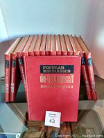 Front view showing 16 hardcover volumes standing upright in a row with one volume face front showing title Popular Mechanics Do-It-Yourself Encyclopedia on red cover with black and gold text.
