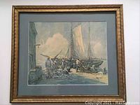 Frontal view of the framed watercolor depicting a maritime fishing dock scene with multiple fishermen and boats.