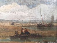 Close-up of the painting showing two people sitting on a rock near the water with boats in the background and cloudy sky.