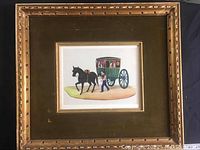 Full view of framed watercolor artwork showing horse, coachman, and green coach inside velvet matted antique frame with gilt liner.