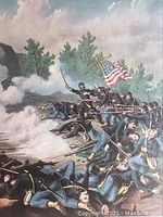 Close-up detailed view of the lithograph showing soldiers in blue uniforms, smoke from gunfire, and American flags during a battle scene.