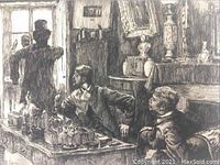 Close-up of central figures and furniture in interior scene