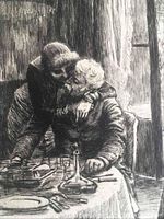 Close-up view of the two central figures embracing at the table