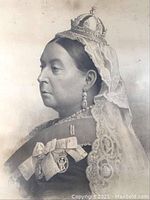 Close-up of the engraving showing the detailed profile of The Queen Mother with crown and lace veil.