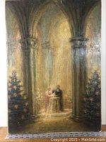 Full view of the painting showing the cathedral interior with columns, a priest, woman, child at baptismal font, and two Christmas trees.