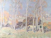 Frontal view of framed landscape showing scene with trees, barns, village houses