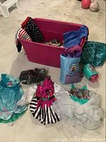 Tote with assorted girls clothes including dresses and costume dresses displayed around it