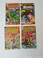 Four Marvel comics from the 1970s front covers showing artwork and titles.