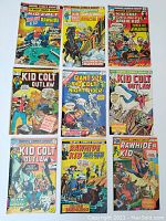 Front covers of 9 vintage Marvel western comics featuring Kid Colt and Rawhide Kid characters with colorful illustrations and some visible wear.