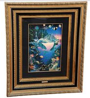 Full view of the framed lithograph featuring marine life and cosmic elements in a gold and black frame.