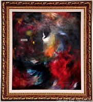 Frontal view of framed painting showing artwork and ornate gold frame