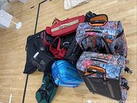Overview photo of all 12 pieces of luggage arranged on gym floor showing various bags and rolling cases.