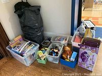 Wide shot showing seven bins and containers filled with various children’s toys, including stuffed bins and bags organized in a room corner.