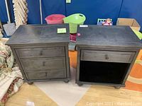 Front view of 3-drawer chest and end table showing drawer fronts and top surfaces with wear marks.