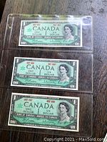 Front side of the three Canadian one dollar bills showing Queen Elizabeth II portraits and denomination text.