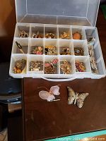 Top vantage photo showing a plastic box with 15 compartments holding assorted costume jewelry brooches; shapes include floral and abstract forms with rhinestones and enamel. Two butterfly brooches placed outside the box in front.