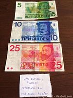 Front of 5, 10, and 25 Netherlands gulden banknotes with historical portraits and color details, note with estimated values included.