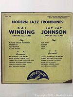 Front of the album sleeve labeled PRLP 109 Modern Jazz Trombones featuring Kai Winding and Jay Jay Johnson with detailed personnel and track listing.