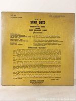 Back of the album sleeve showing detailed printed track list, personnel and recording information for Stan Getz Vol. 2 on Royal Roost label RLP 404.