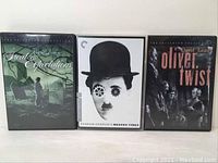 Three Criterion Collection DVD movies displayed: Great Expectations, Charlie Chaplin's Modern Times, and Oliver Twist.