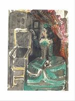 Unframed offset lithograph depicting seated woman in green dress opening a chest with draped red and gold curtain background