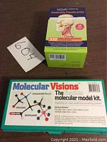 Photo showing Kaplan Medical Anatomy Flashcards box with 310 cards and Molecular Visions flexible molecular model kit in blue case.