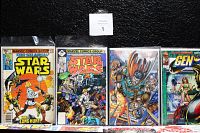 Front row of four comic issues: Star Wars (Long Hunt), Star Wars ensemble cover, fantasy armor character, Gen¹³ cover.