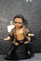 Full front view of the Little Rock figurine against a black textured background, showing detailed leopard print shirt, glasses, and wrestling gear.