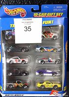 Full front view of the Hot Wheels 10-car gift set in original sealed packaging, showing all cars in blister pack.