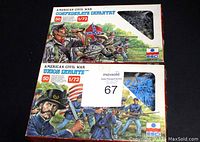 Front view of two unopened boxes of 1/72 scale American Civil War infantry figurines by Esci, stacked showing Confederate Infantry on top and Union Infantry below.