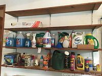 Wide view of shelf showing multiple bottles and containers of garden amendments, cleaners, auto care products, and pest control sprays, all in original packaging with most bottles partially filled.